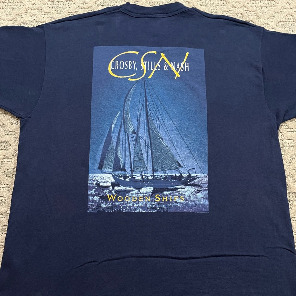 🎸 '94 Crosby, Stills, Nash Band Wooden Ships Lyrics Extreme Vintage Navy Lyric T